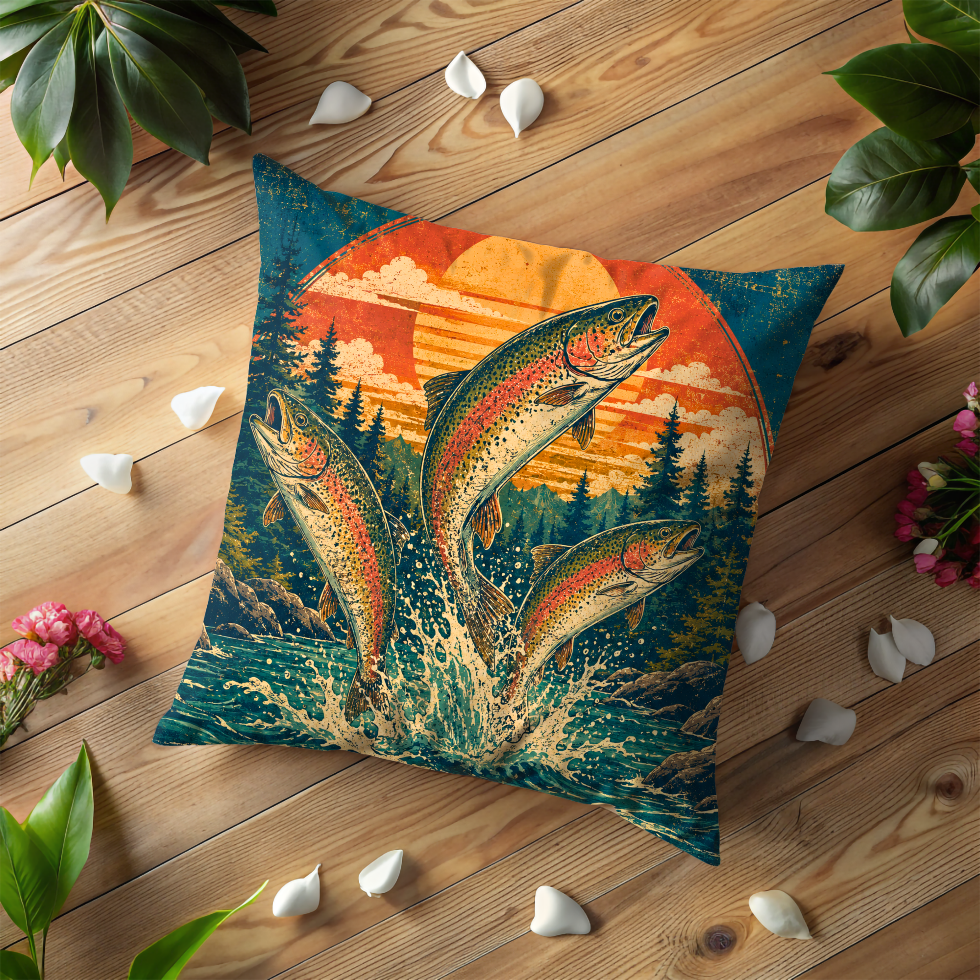Leaping Trout Sunset Pillow Cover | Fishing Landscape Art | Gold Crackle Decor