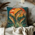 Leaping Trout Sunset Pillow Cover | Fishing Landscape Art | Gold Crackle Decor