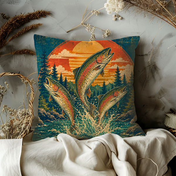 Leaping Trout Sunset Pillow Cover – Fishing Landscape Art | Gold Crackle Decor