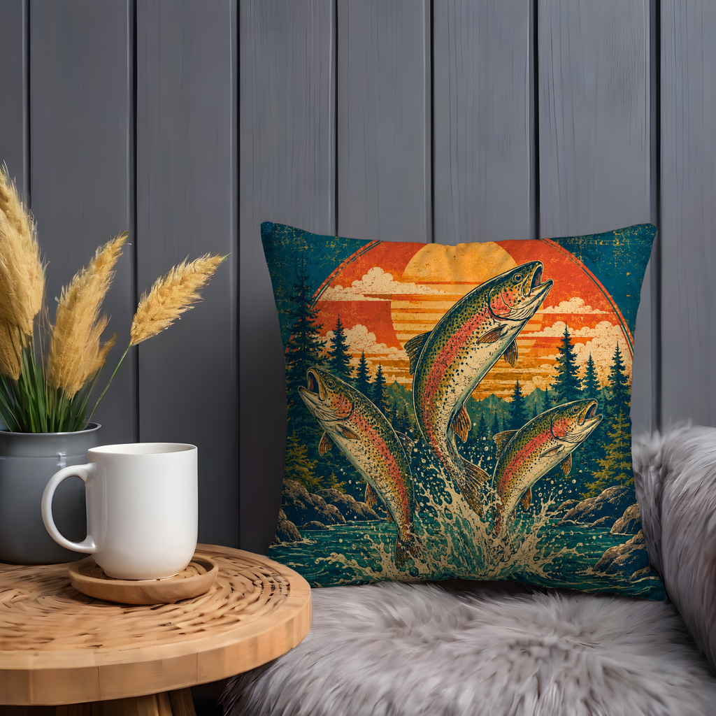 Leaping Trout Sunset Pillow Cover | Fishing Landscape Art | Gold Crackle Decor