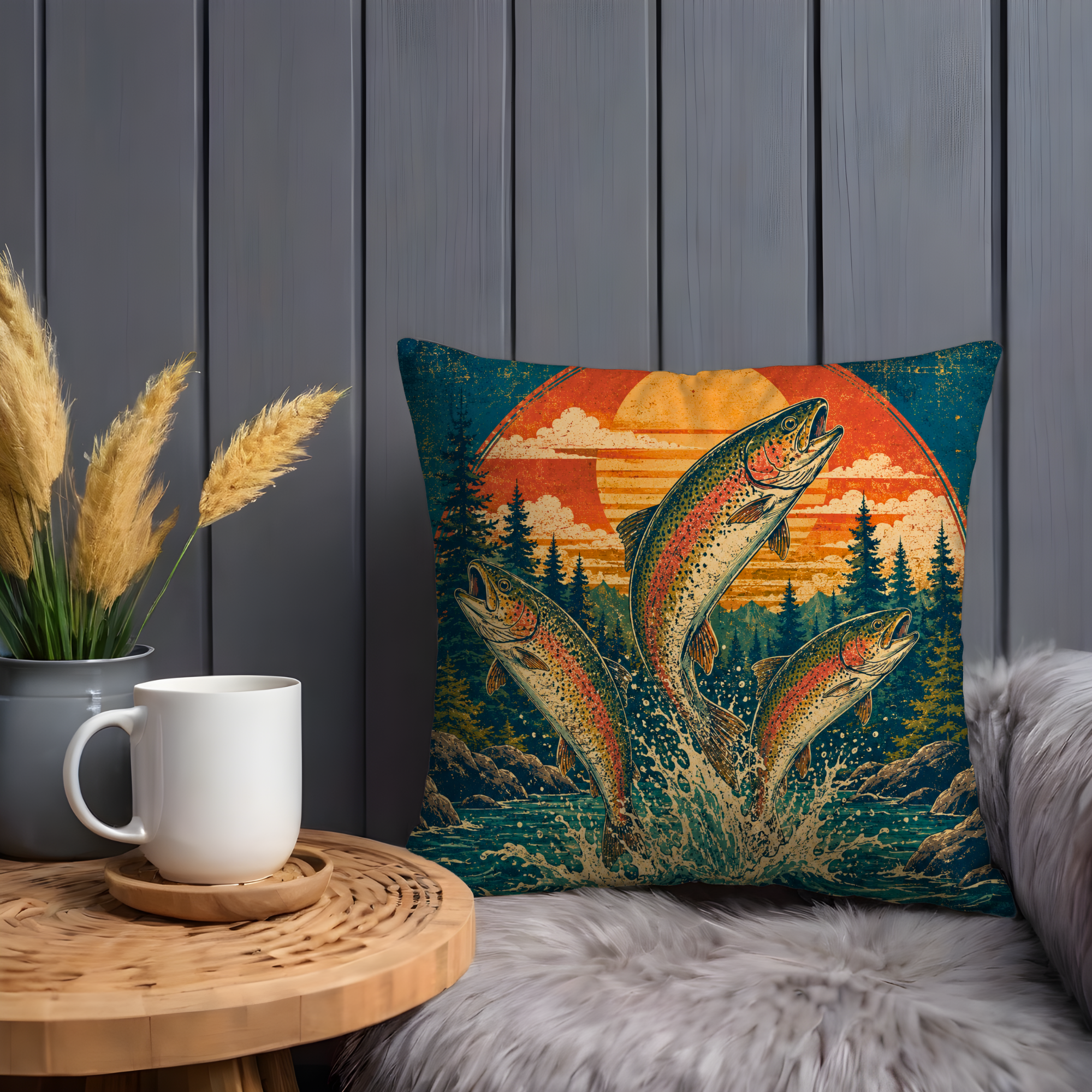 Leaping Trout Sunset Pillow Cover | Fishing Landscape Art | Gold Crackle Decor