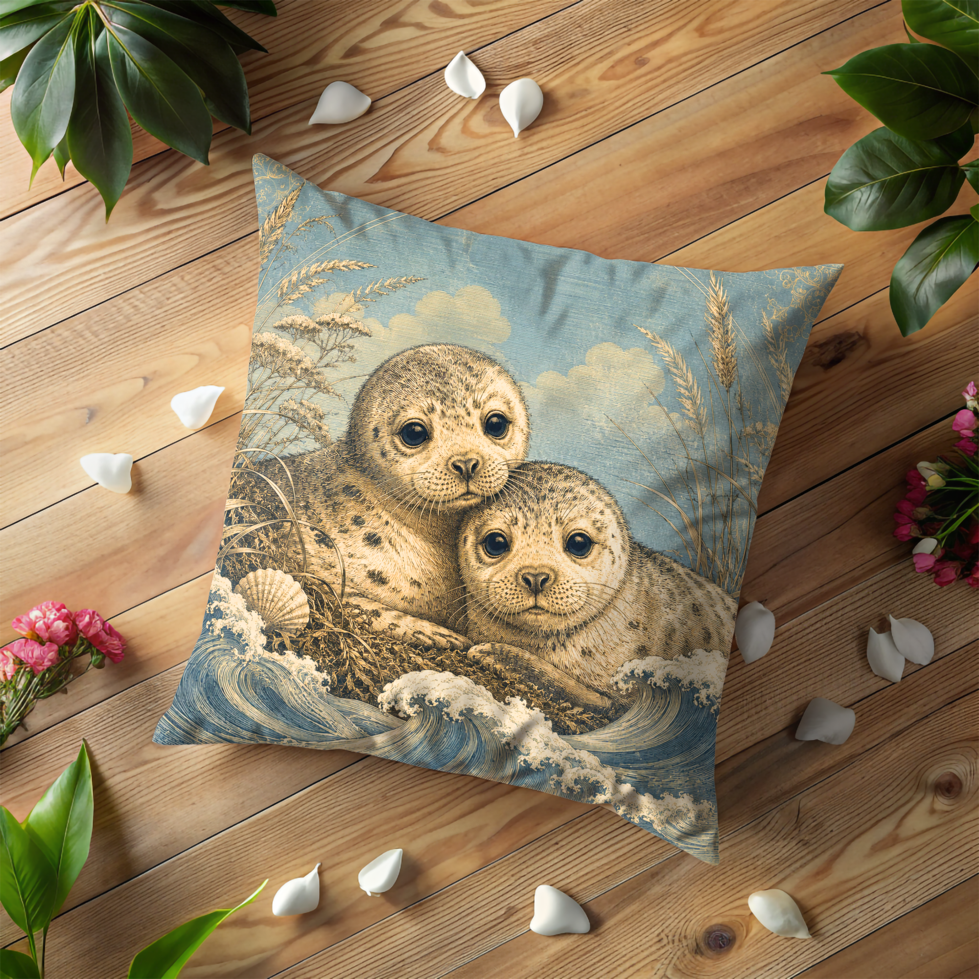 Seal Pups Shore Pillow Cover | Vintage Wildlife Art | Gold Crackle Decor