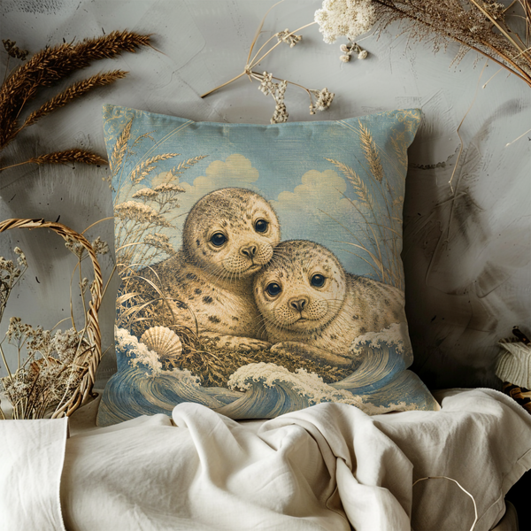 Seal Pups Shore Pillow Cover – Vintage Wildlife Art | Gold Crackle Decor