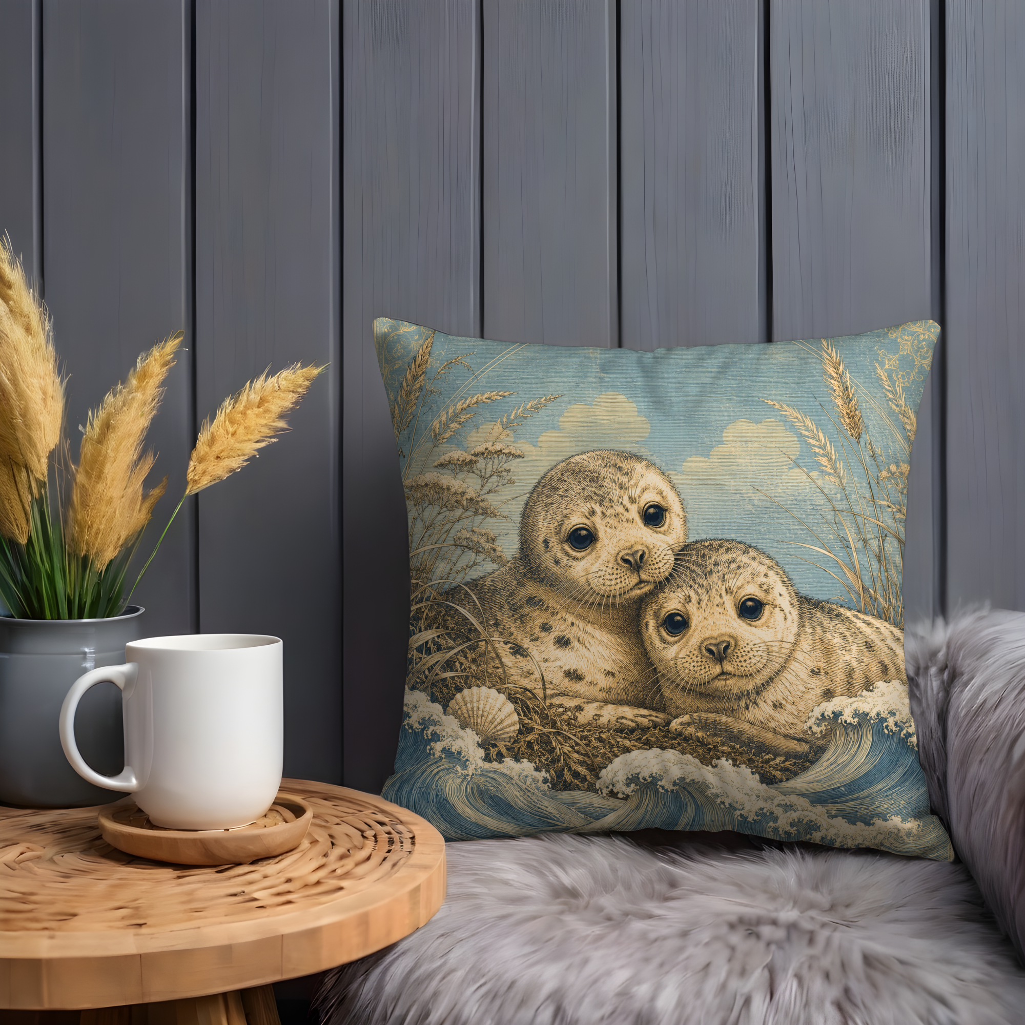 Seal Pups Shore Pillow Cover | Vintage Wildlife Art | Gold Crackle Decor