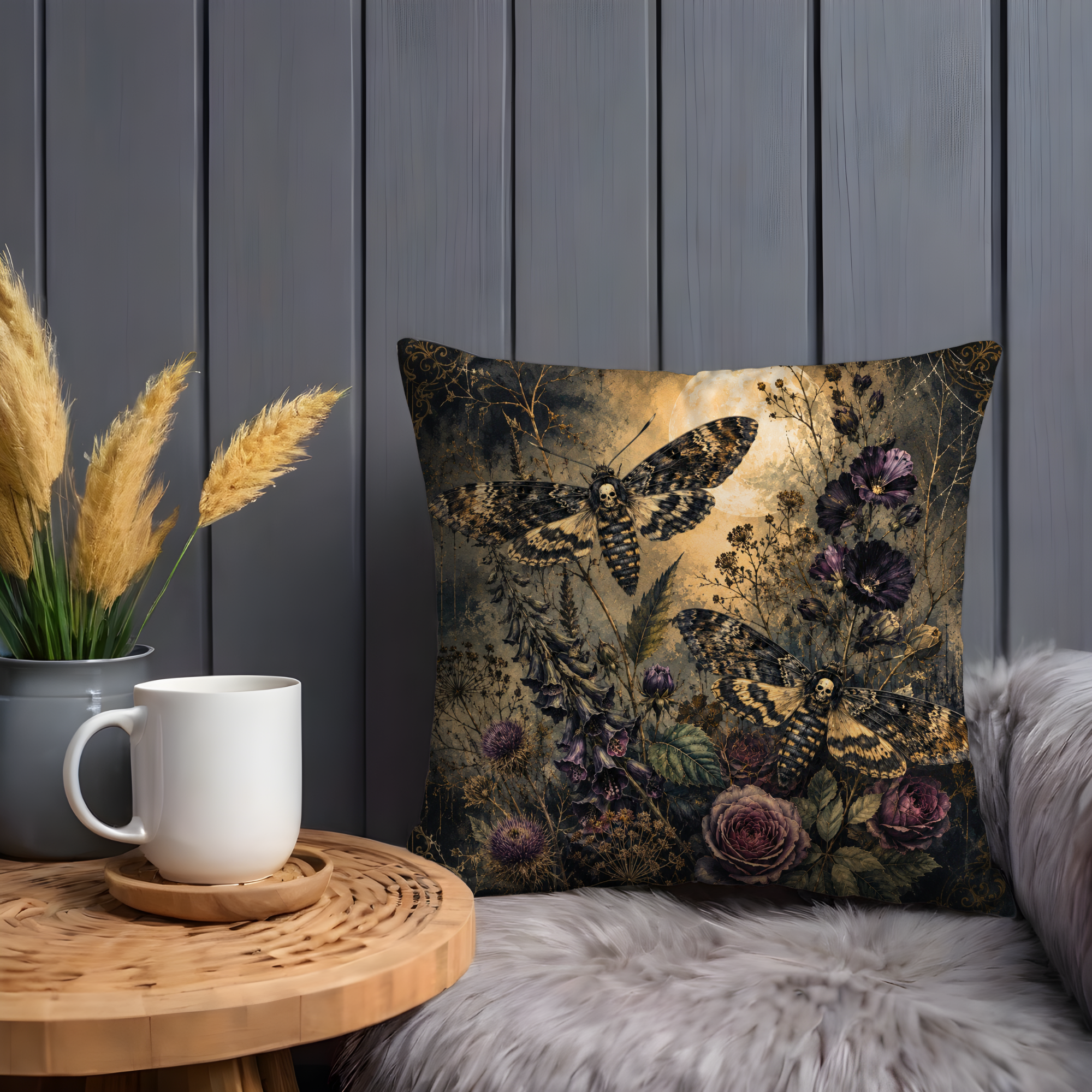 Death's Head Moth Pillow Cover | Mystic Nature Art | Gold Crackle Decor