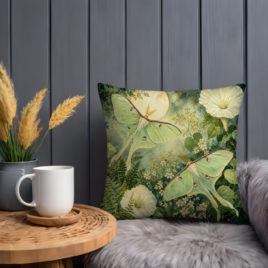 Luna Moth Forest Pillow Cover | Mystic Nature Art | Gold Crackle Decor