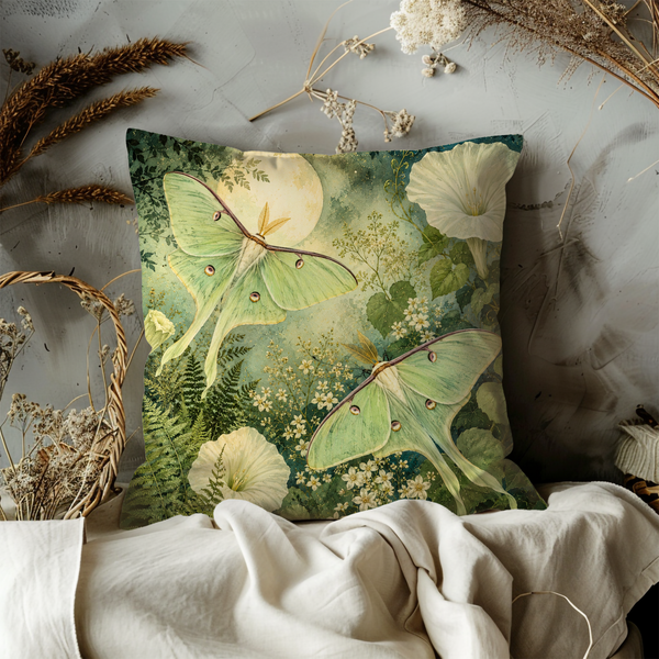 Luna Moth Forest Pillow Cover – Mystic Nature Art | Gold Crackle Decor