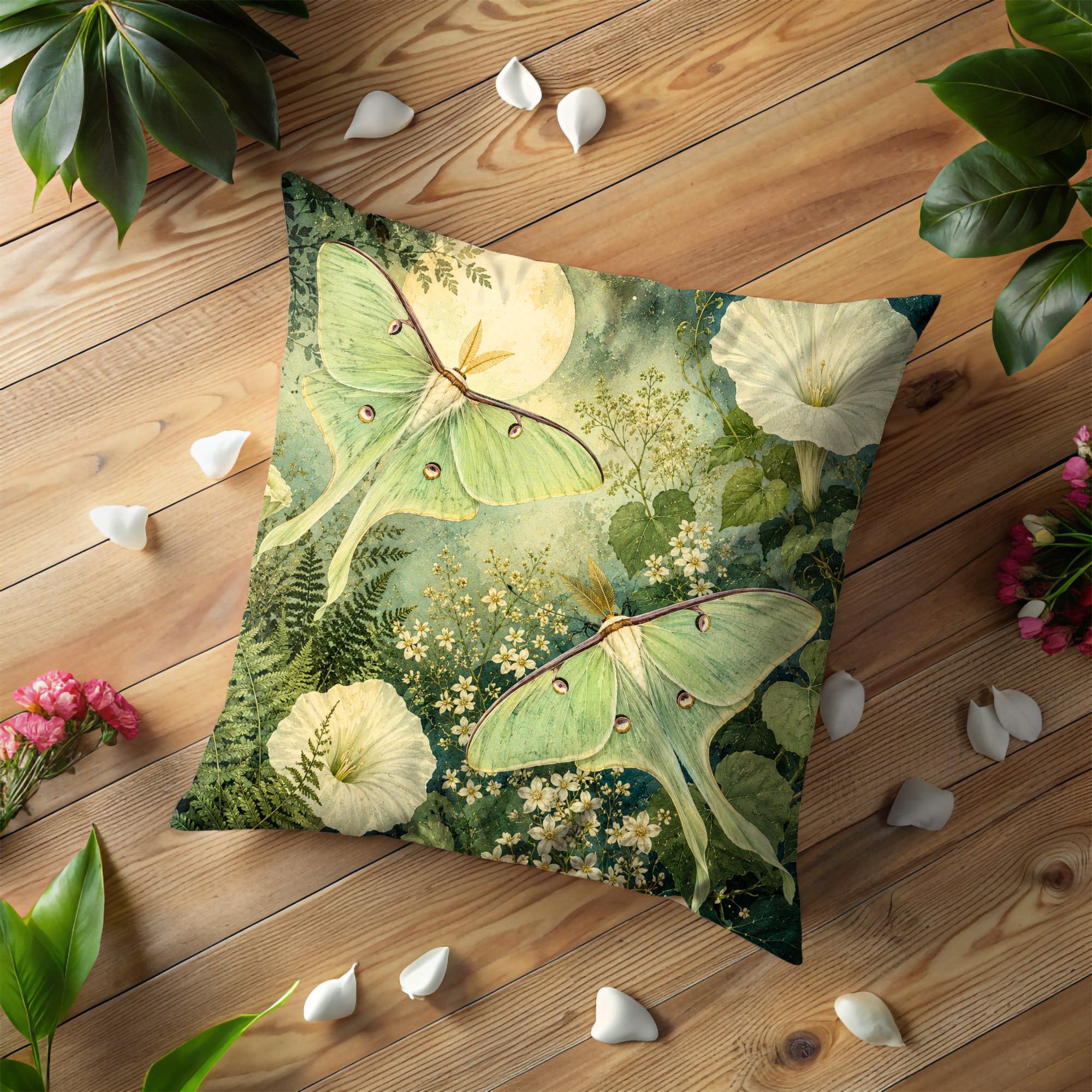 Luna Moth Forest Pillow Cover | Mystic Nature Art | Gold Crackle Decor