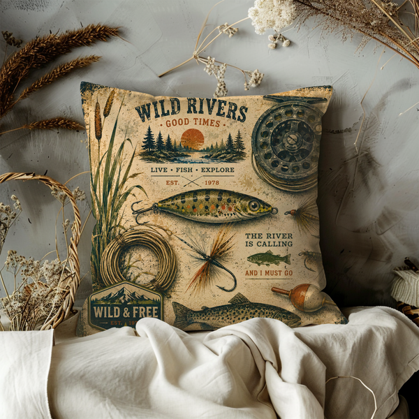 Wild Rivers Fishing Pillow Cover – Vintage Outdoor Art | Gold Crackle Decor