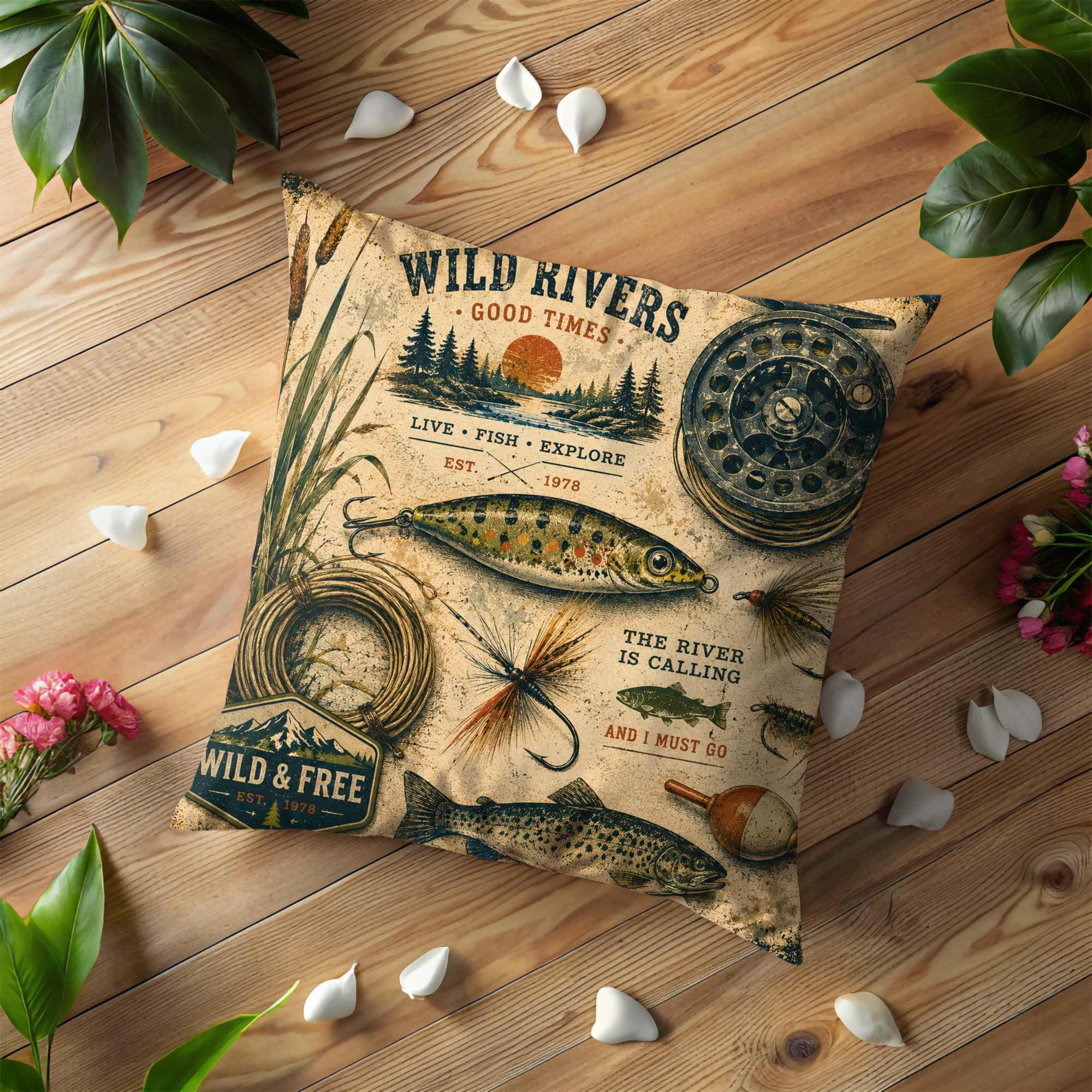 Wild Rivers Fishing Pillow Cover | Vintage Outdoor Art | Gold Crackle Decor