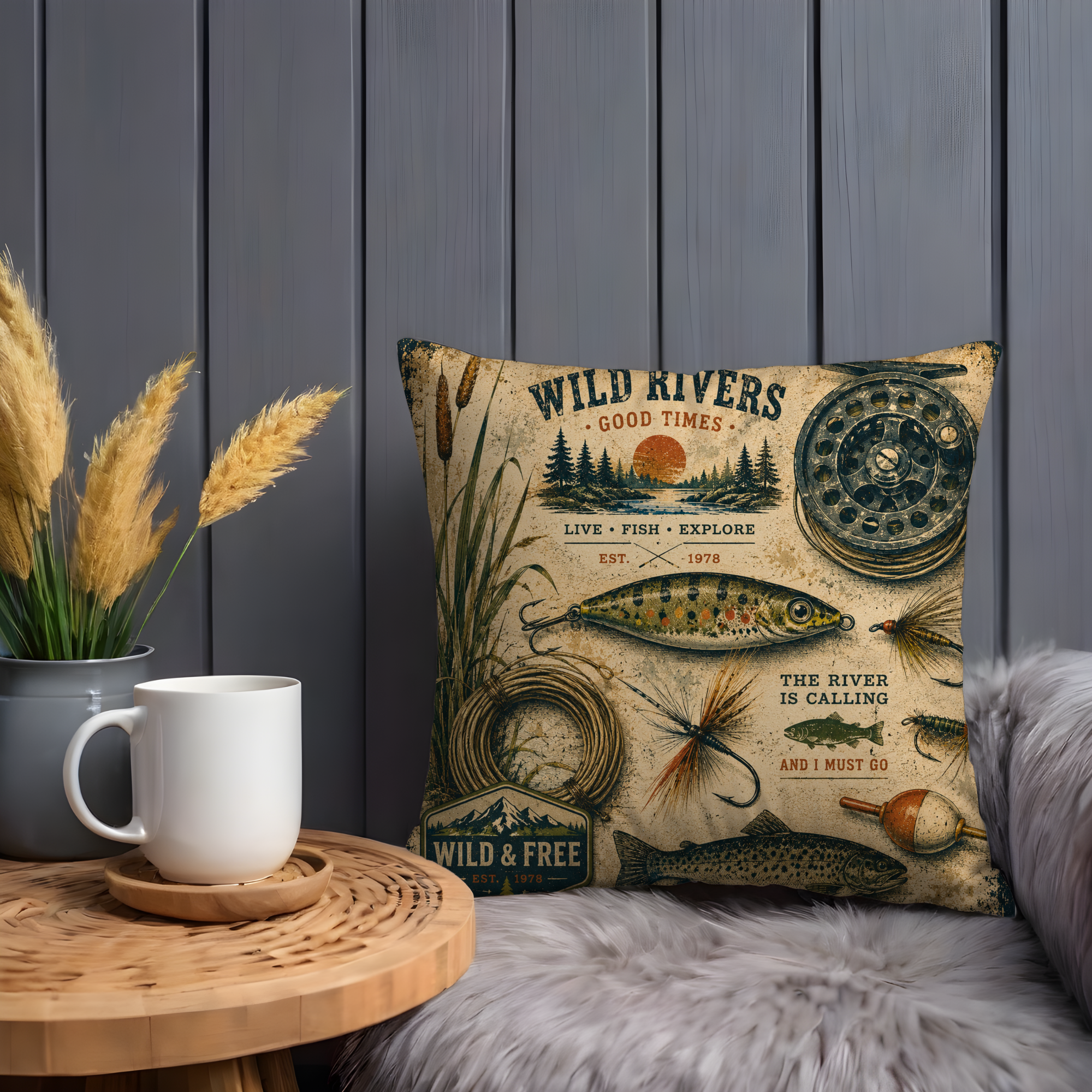 Wild Rivers Fishing Pillow Cover | Vintage Outdoor Art | Gold Crackle Decor