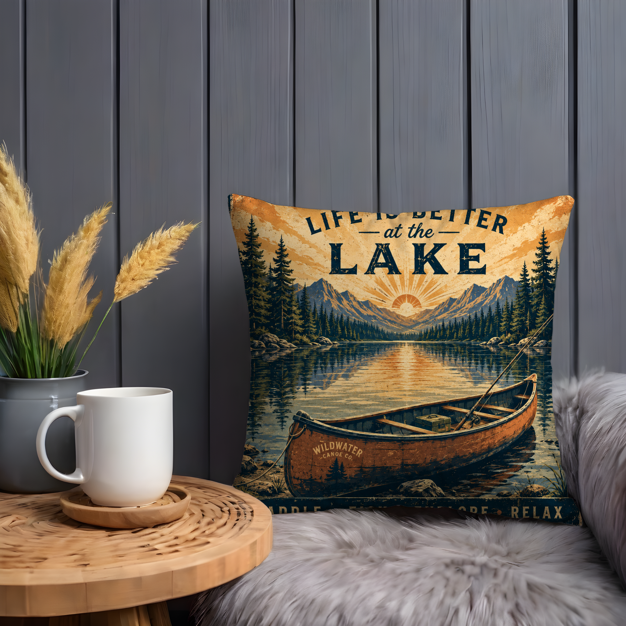 Lake Life Canoe Pillow Cover | Vintage Outdoor Art | Gold Crackle Decor