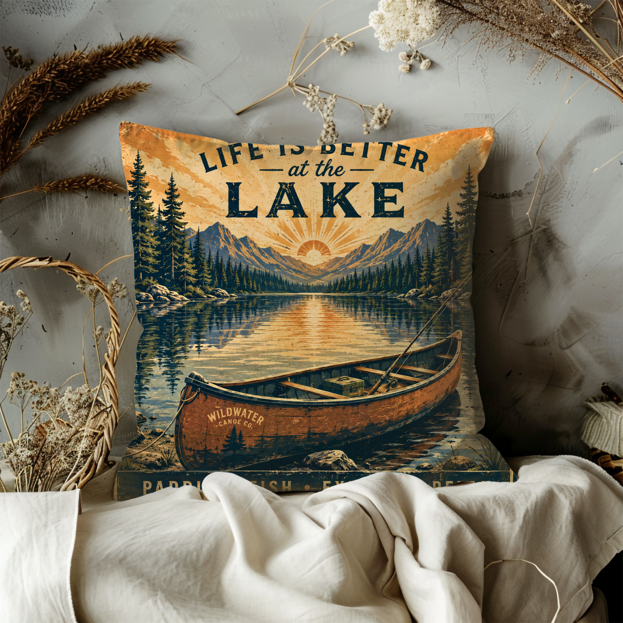 Lake Life Canoe Pillow Cover | Vintage Outdoor Art | Gold Crackle Decor