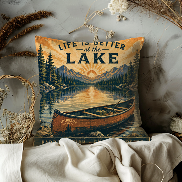 Lake Life Canoe Pillow Cover – Vintage Outdoor Art | Gold Crackle Decor