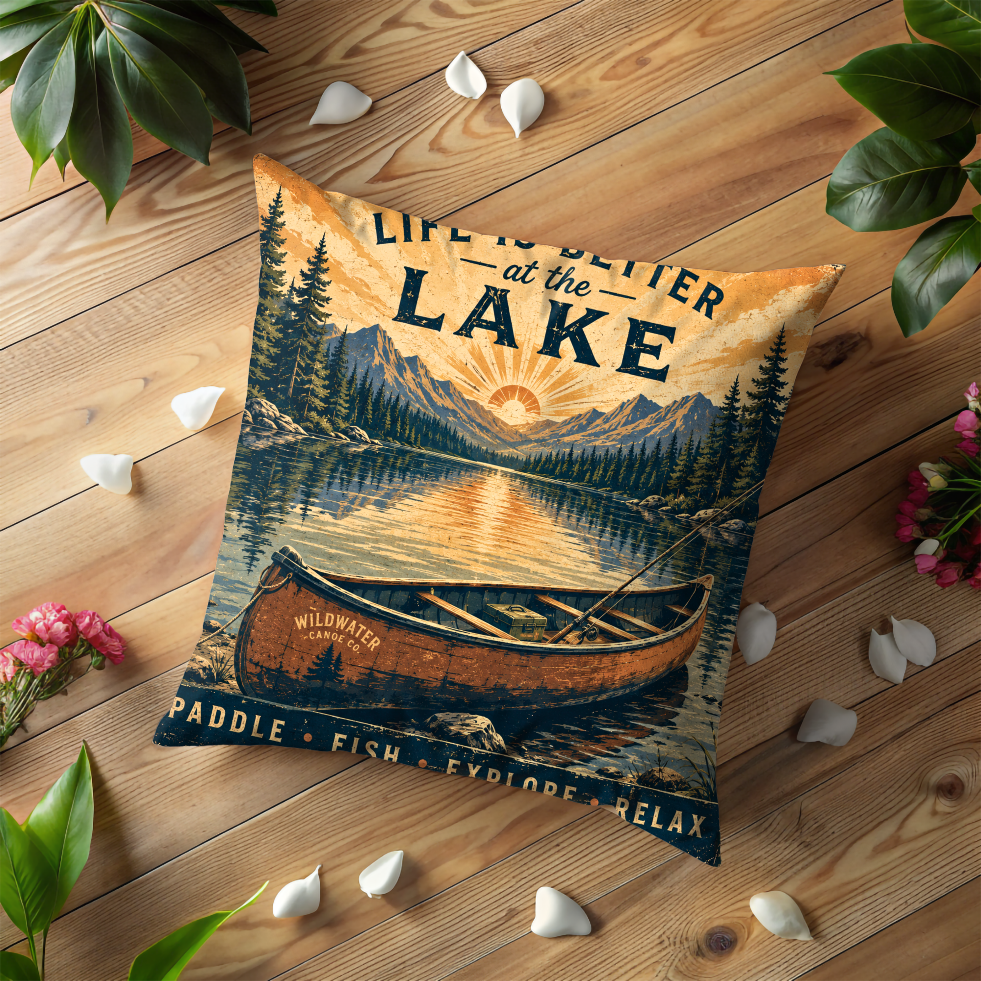 Lake Life Canoe Pillow Cover | Vintage Outdoor Art | Gold Crackle Decor