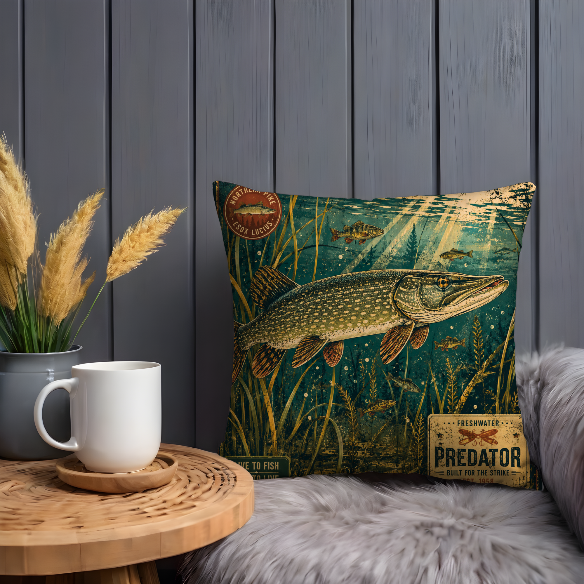 Northern Pike Fishing Pillow Cover | Vintage Outdoor Art | Gold Crackle Decor