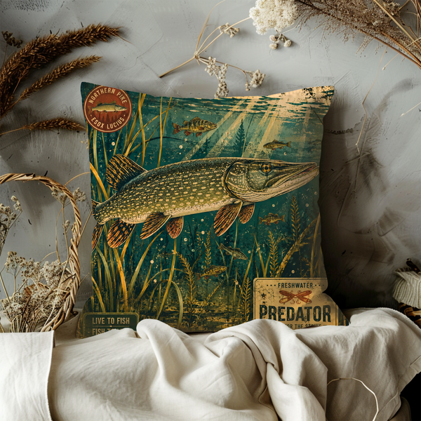 Northern Pike Fishing Pillow Cover – Vintage Outdoor Art | Gold Crackle Decor