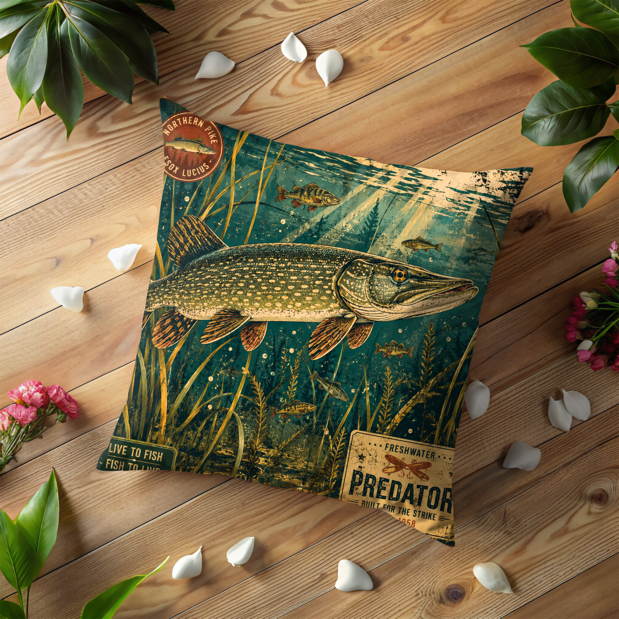 Northern Pike Fishing Pillow Cover | Vintage Outdoor Art | Gold Crackle Decor