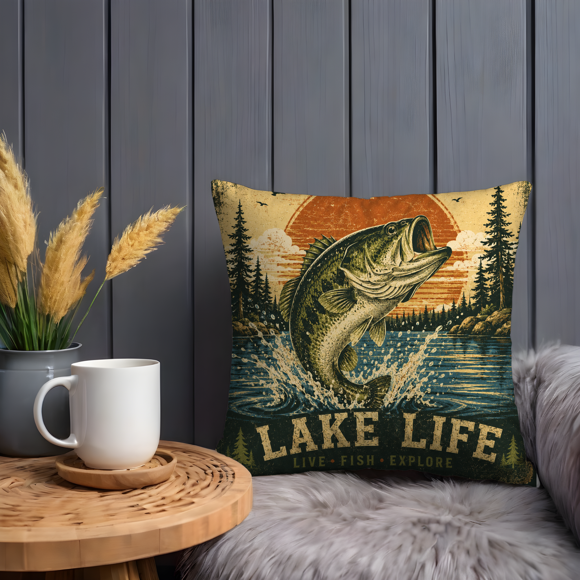 Lake Life Bass Pillow Cover | Vintage Outdoor Art | Gold Crackle Decor