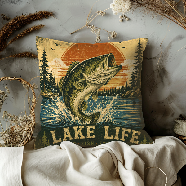 Lake Life Bass Pillow Cover – Vintage Outdoor Art | Gold Crackle Decor
