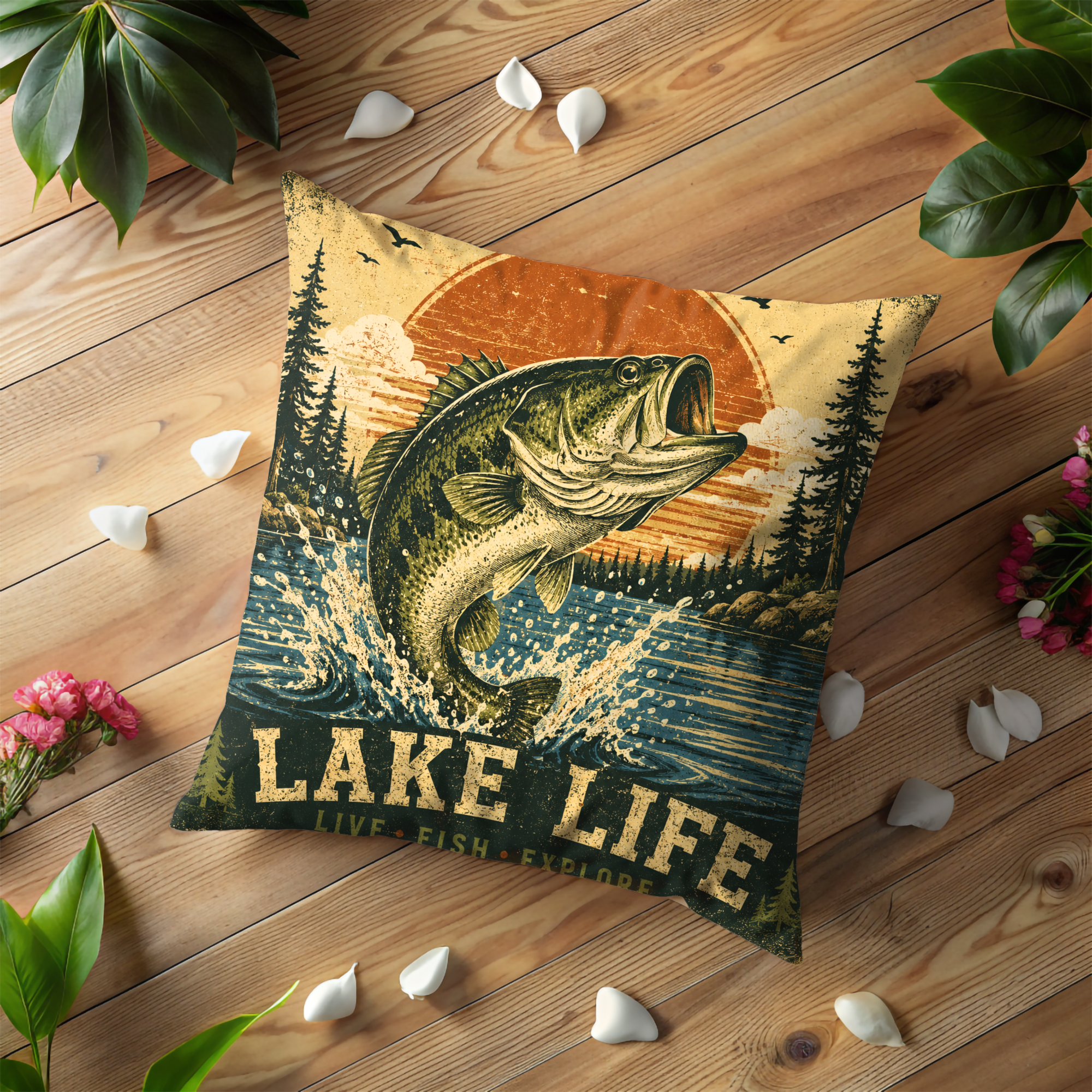 Lake Life Bass Pillow Cover | Vintage Outdoor Art | Gold Crackle Decor