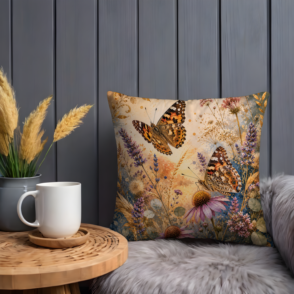 Painted Lady Butterfly Pillow Cover | Wildflower Meadow Art | Gold Crackle Decor