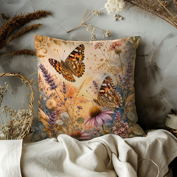 Painted Lady Butterfly Pillow Cover – Wildflower Meadow Art | Gold Crackle Decor
