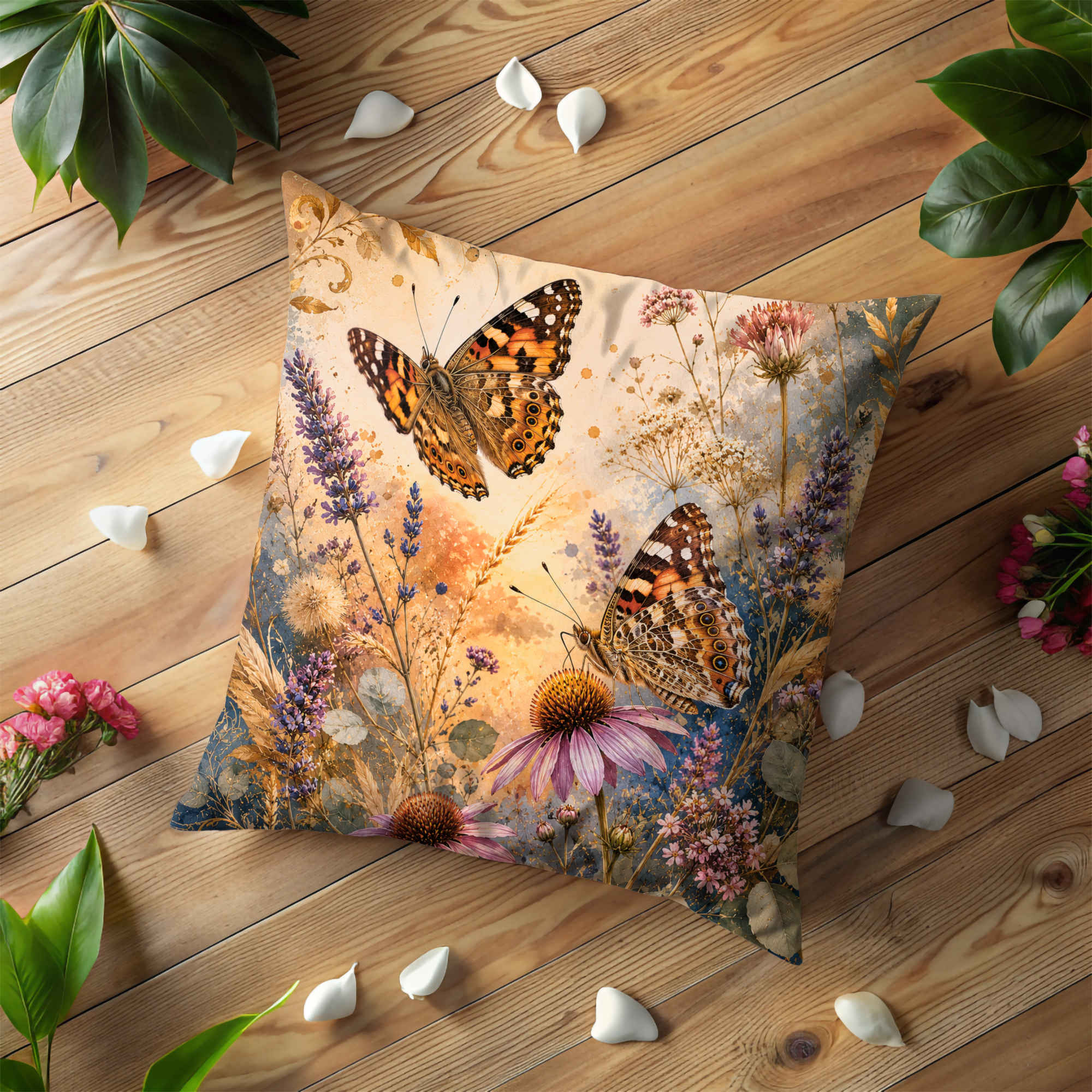 Painted Lady Butterfly Pillow Cover | Wildflower Meadow Art | Gold Crackle Decor