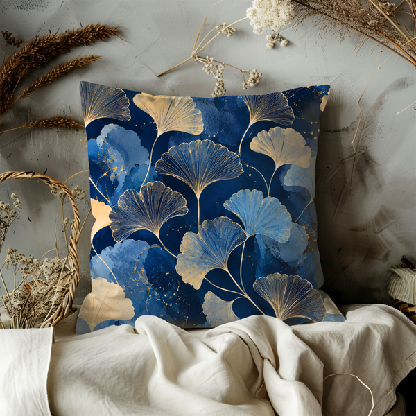 Ginkgo Leaves Pillow Cover – Blue Gold Botanical Art | Gold Crackle Decor