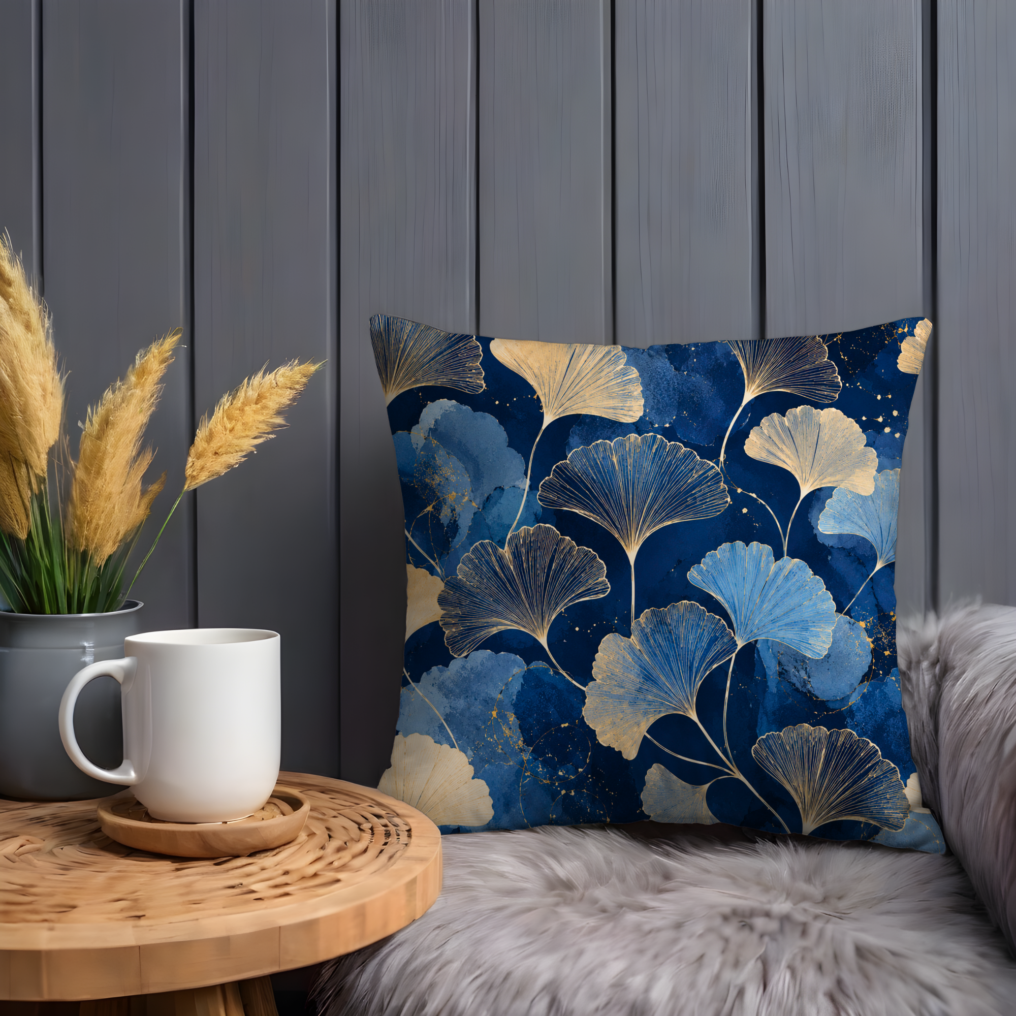 Ginkgo Leaves Pillow Cover | Blue Gold Botanical Art | Gold Crackle Decor