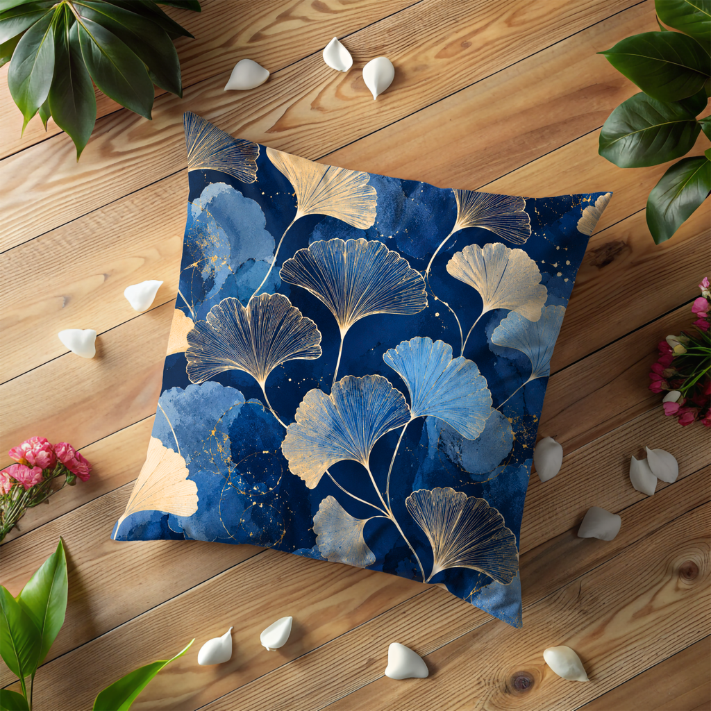 Ginkgo Leaves Pillow Cover | Blue Gold Botanical Art | Gold Crackle Decor