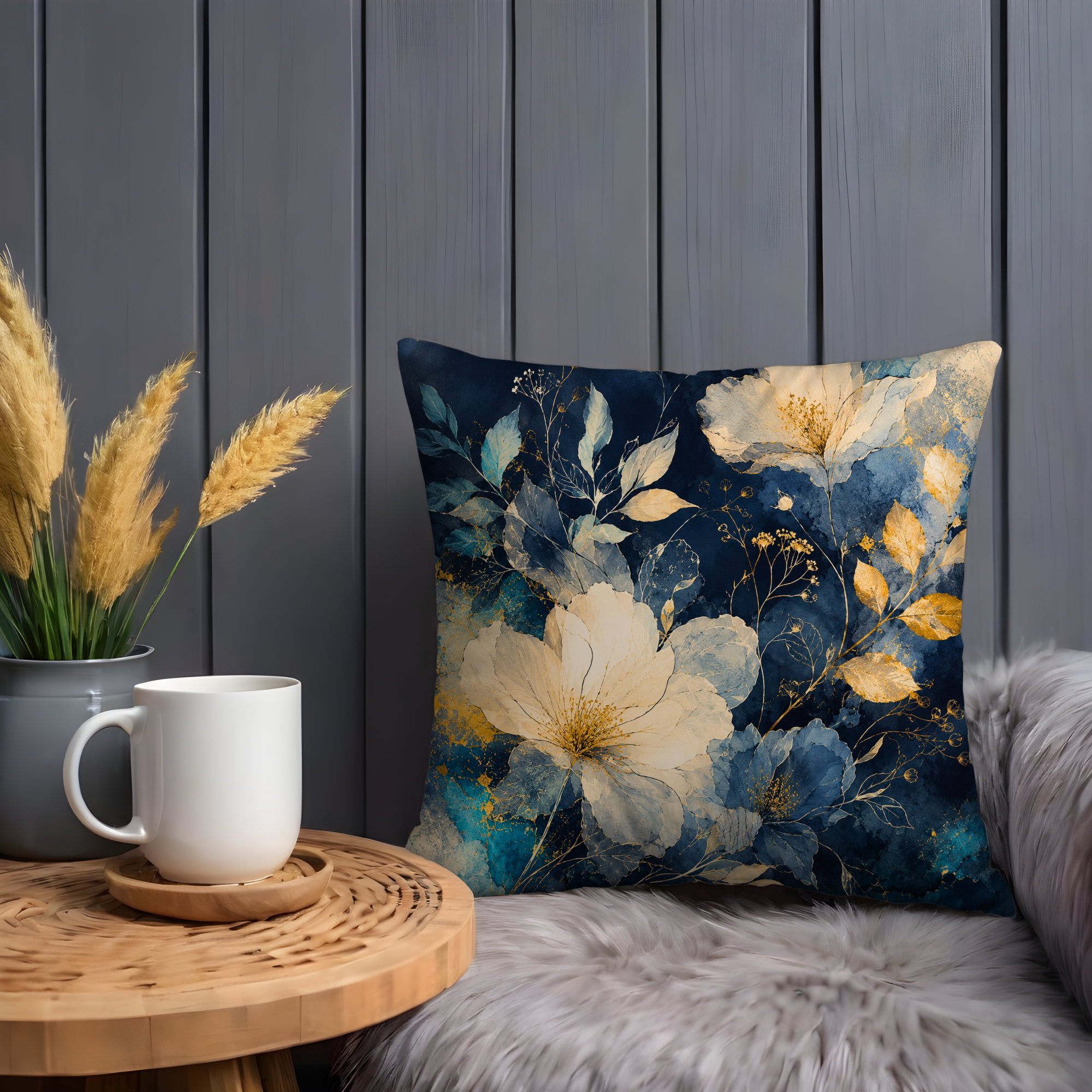 Blue Gold Floral Pillow Cover | Elegant Botanical Art | Gold Crackle Decor