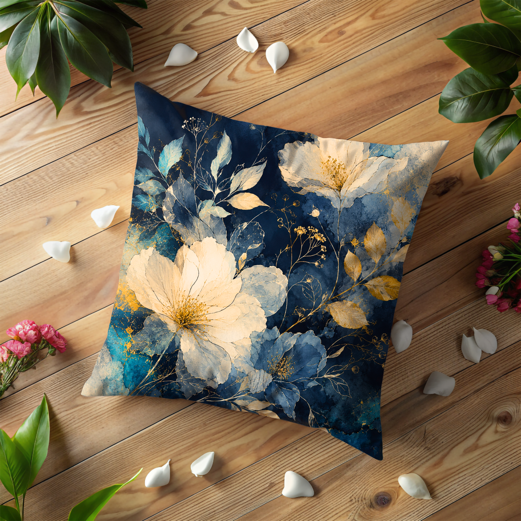 Blue Gold Floral Pillow Cover | Elegant Botanical Art | Gold Crackle Decor
