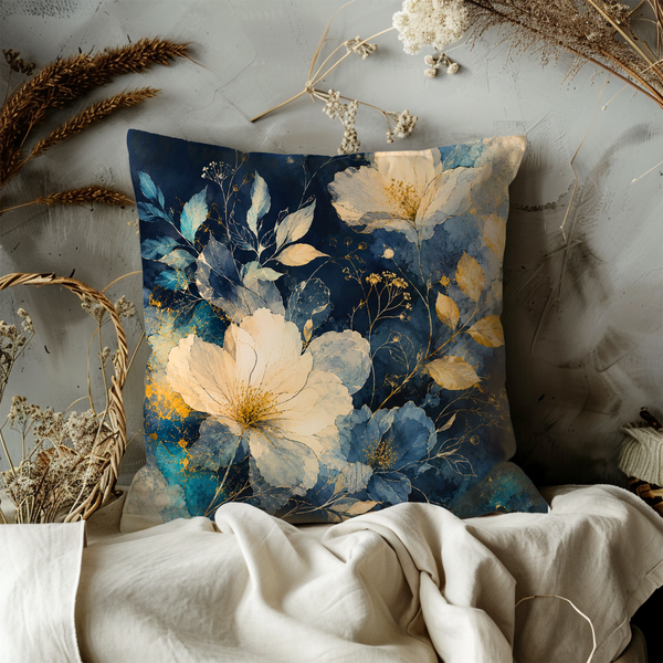 Blue Gold Floral Pillow Cover – Elegant Botanical Art | Gold Crackle Decor