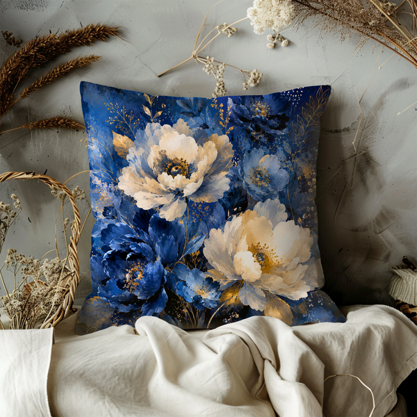 Blue Gold Peony Pillow Cover – Elegant Floral Art | Gold Crackle Decor