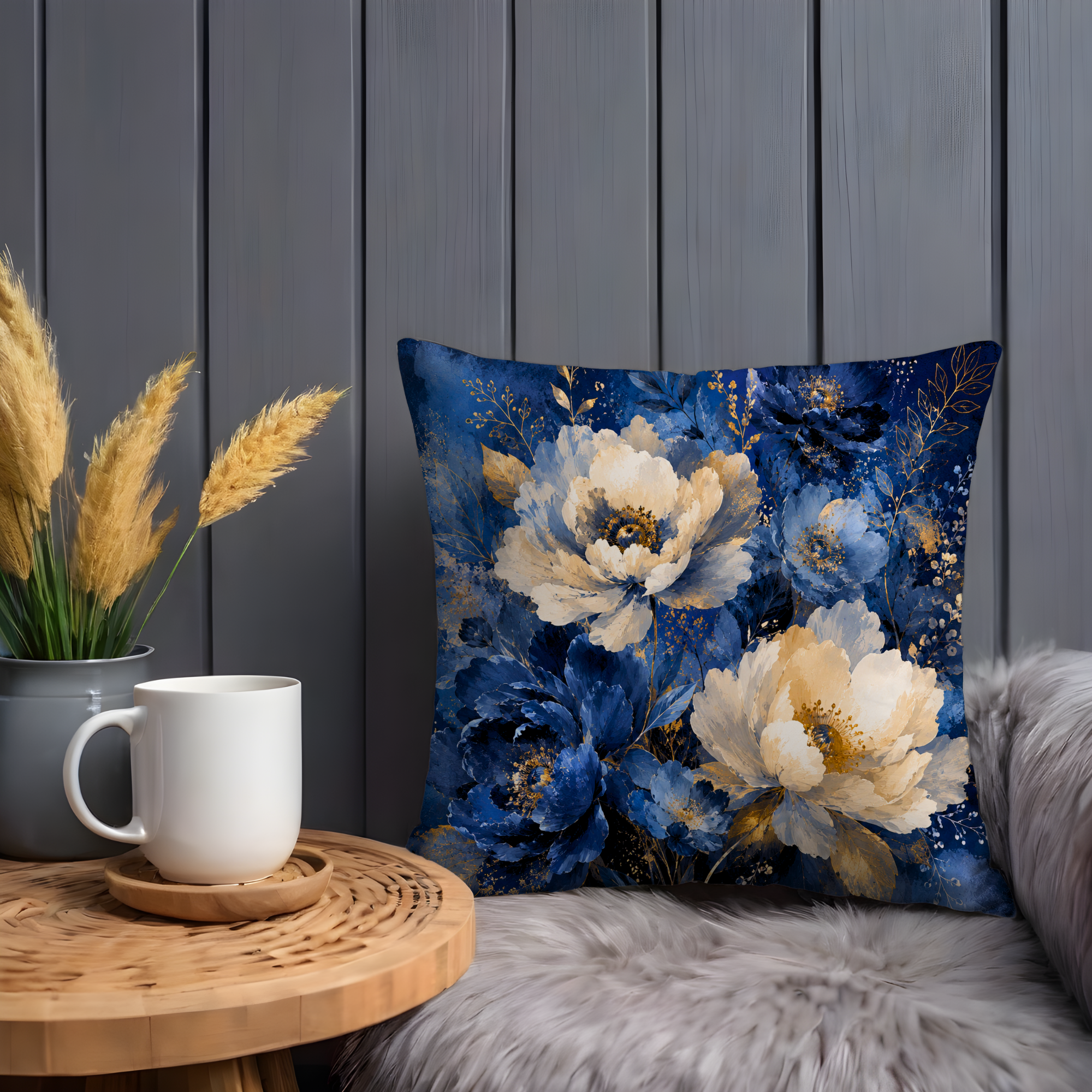 Blue Gold Peony Pillow Cover | Elegant Floral Art | Gold Crackle Decor