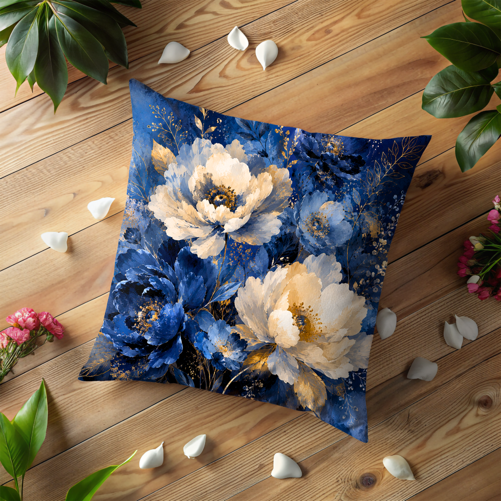 Blue Gold Peony Pillow Cover | Elegant Floral Art | Gold Crackle Decor