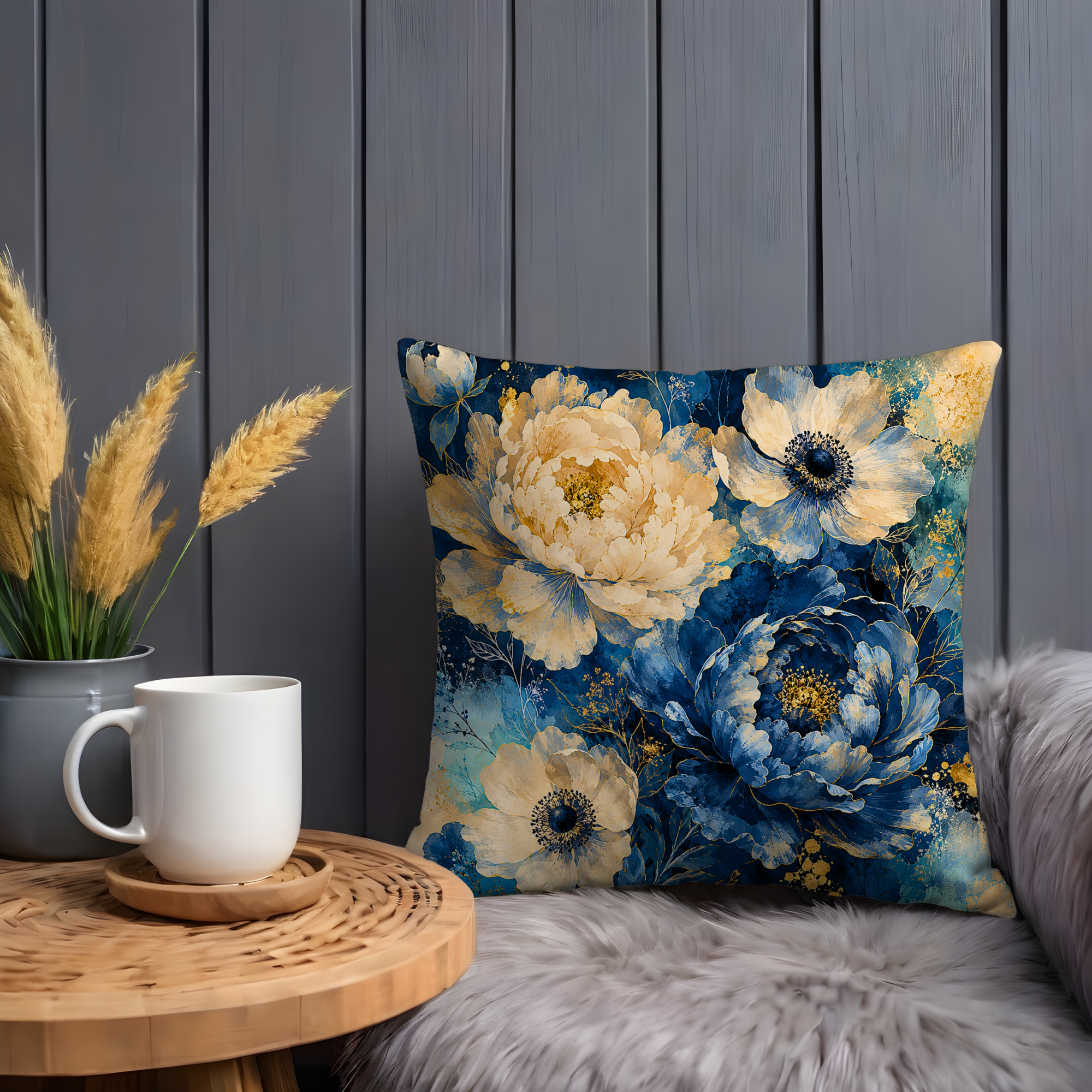 Blue Gold Floral Pillow Cover | Elegant Botanical Art | Gold Crackle Decor