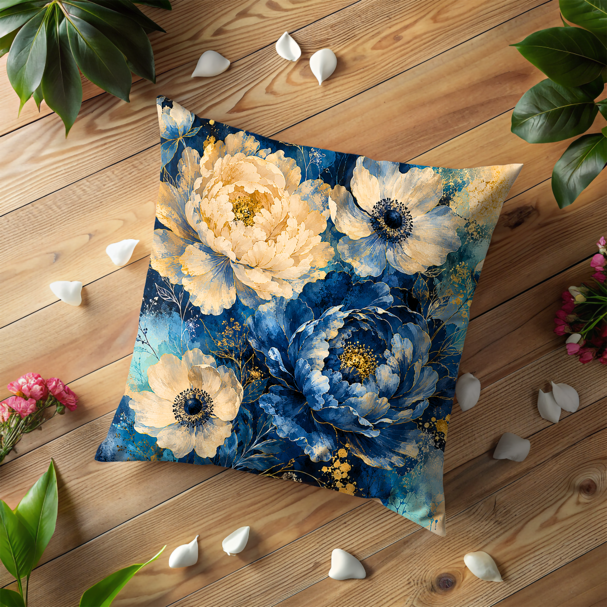 Blue Gold Floral Pillow Cover | Elegant Botanical Art | Gold Crackle Decor