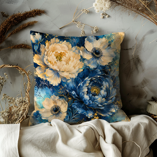 Blue Gold Floral Pillow Cover – Elegant Botanical Art | Gold Crackle Decor