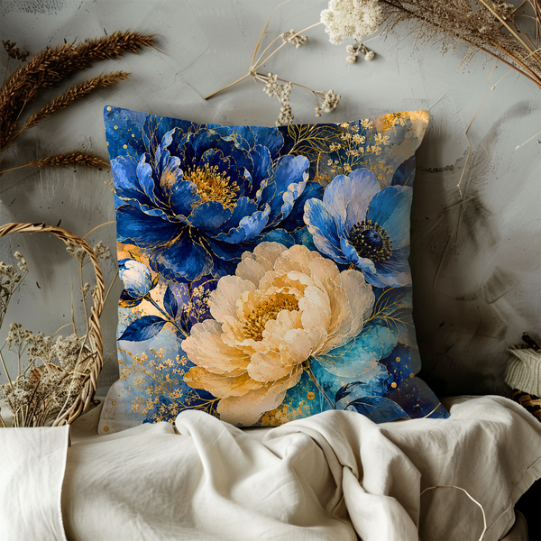Blue Gold Peony Pillow Cover – Elegant Floral Art | Gold Crackle Decor