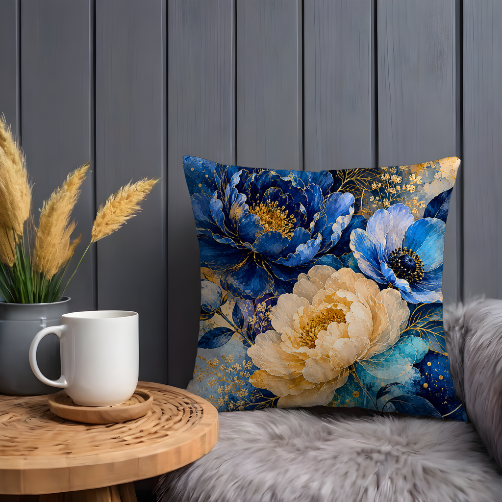 Blue Gold Peony Pillow Cover | Elegant Floral Art | Gold Crackle Decor