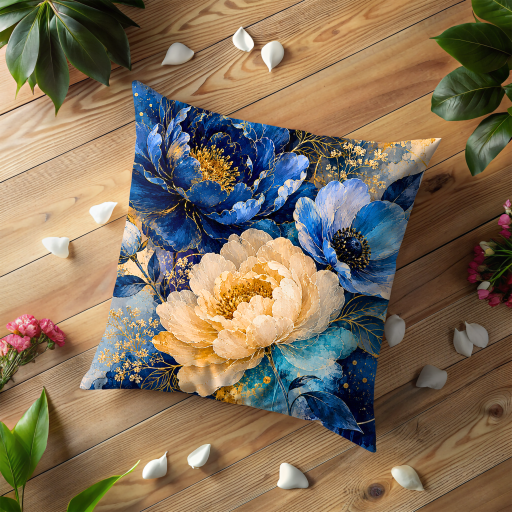 Blue Gold Peony Pillow Cover | Elegant Floral Art | Gold Crackle Decor