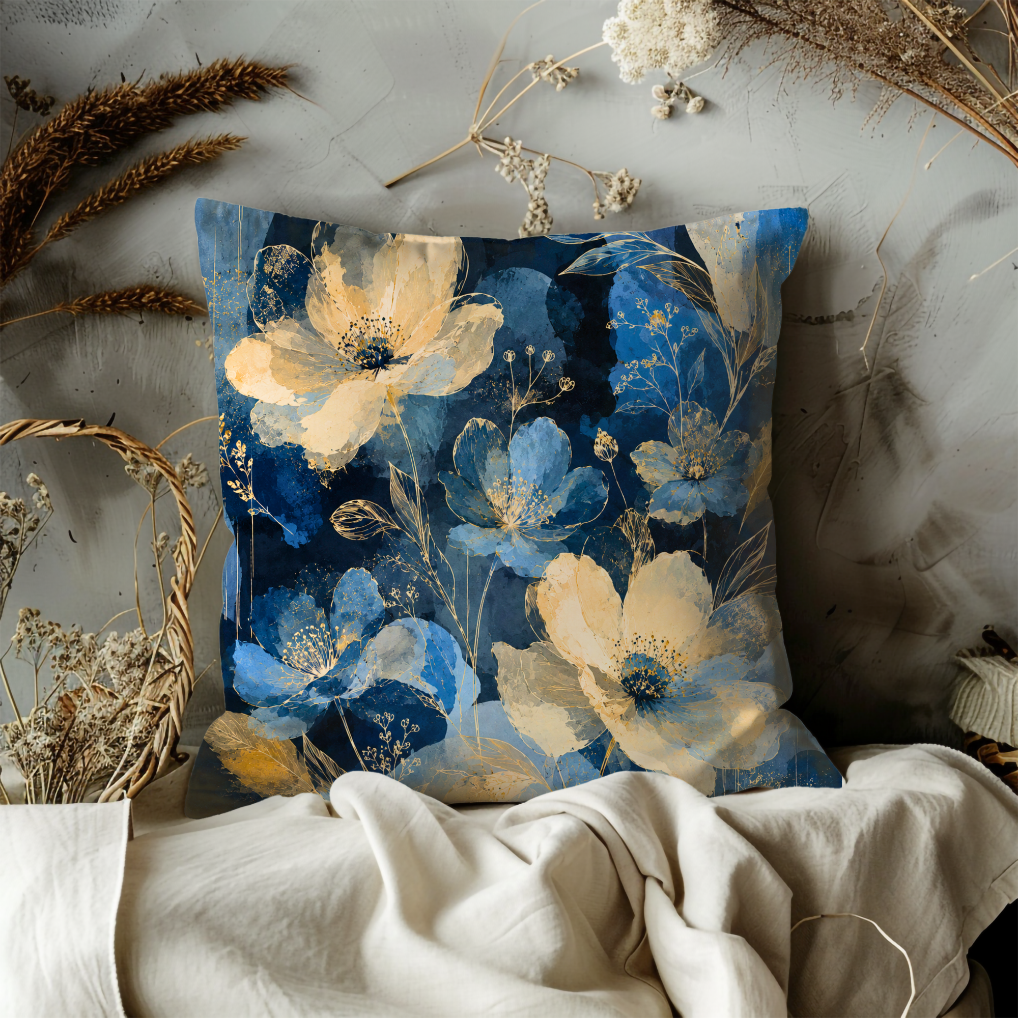 Navy Anemone Throw Pillow | Modern Botanical Decor Blue Gold Floral Pillow Cover | Elegant Botanical Art