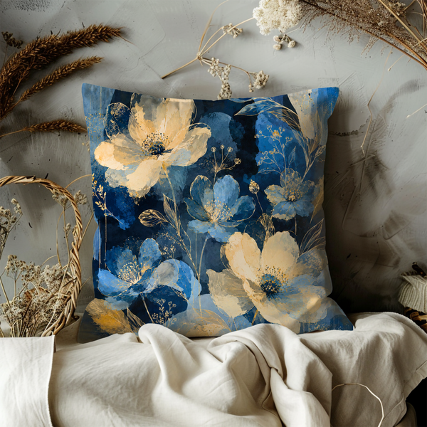 Navy Anemone Pillow Cover – Modern Botanical Decor Blue Gold Floral  | Elegant Botanical Art