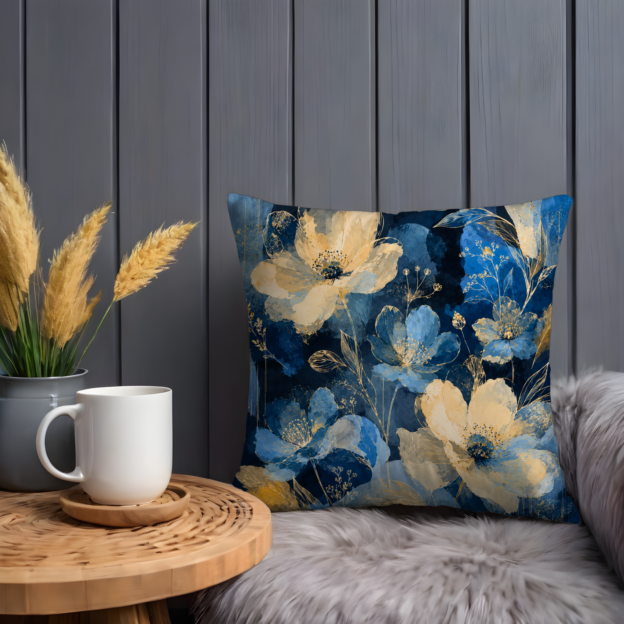 Navy Anemone Throw Pillow | Modern Botanical Decor Blue Gold Floral Pillow Cover | Elegant Botanical Art