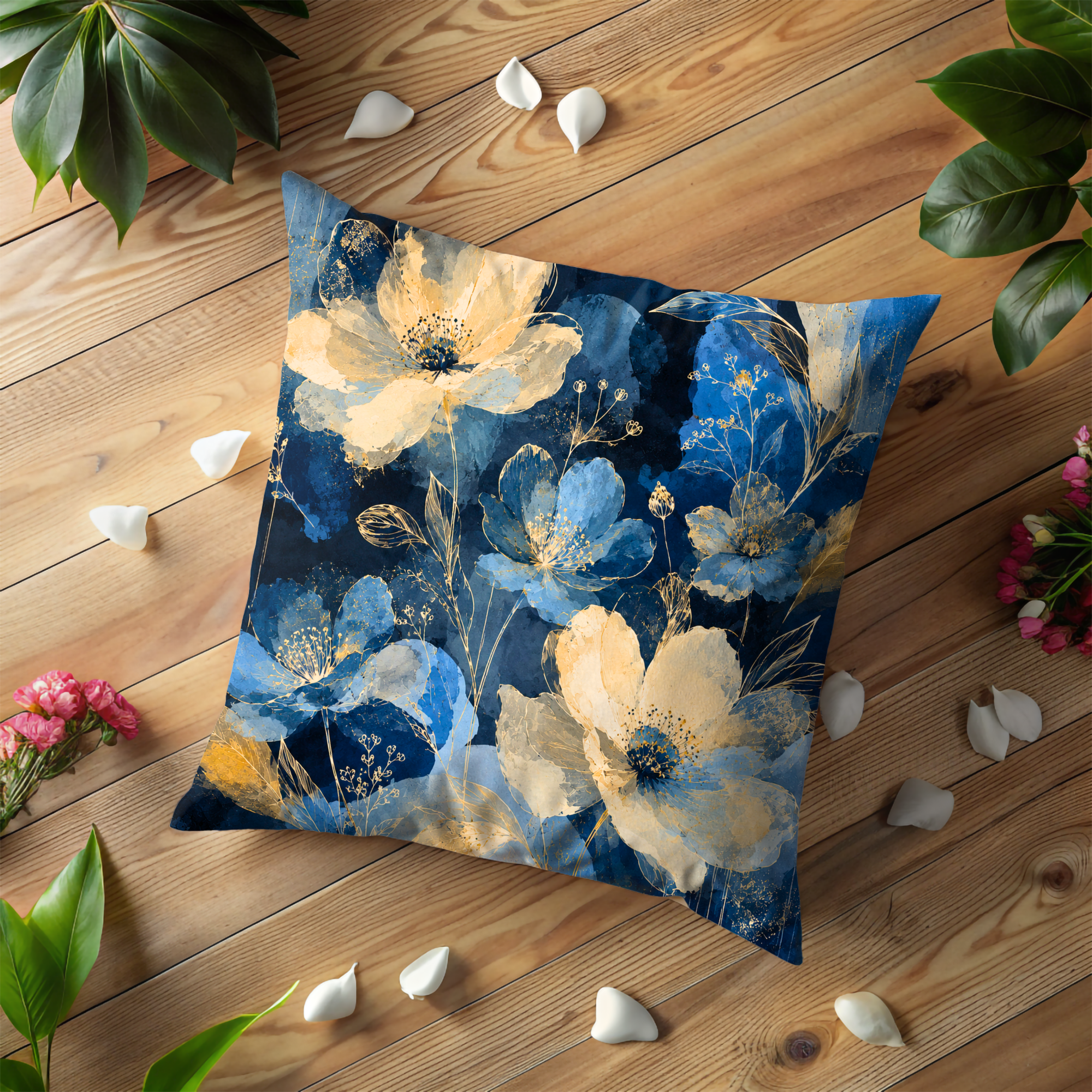 Navy Anemone Throw Pillow | Modern Botanical Decor Blue Gold Floral Pillow Cover | Elegant Botanical Art