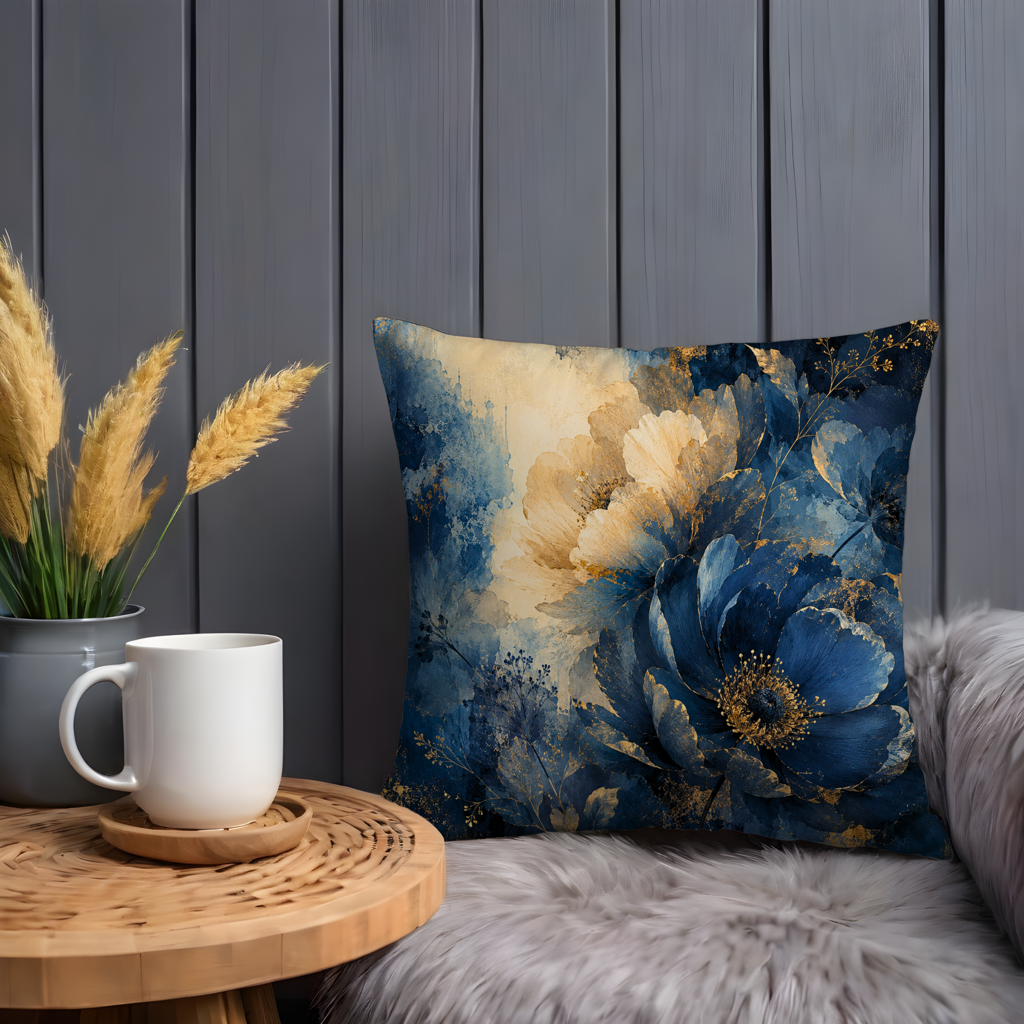 Blue Gold Floral Pillow Cover | Elegant Botanical Art | Gold Crackle Decor