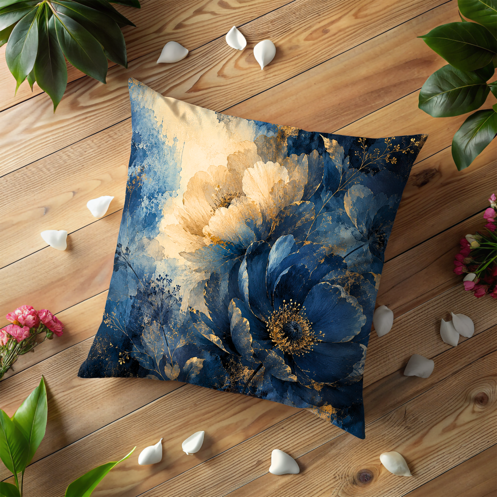 Blue Gold Floral Pillow Cover | Elegant Botanical Art | Gold Crackle Decor