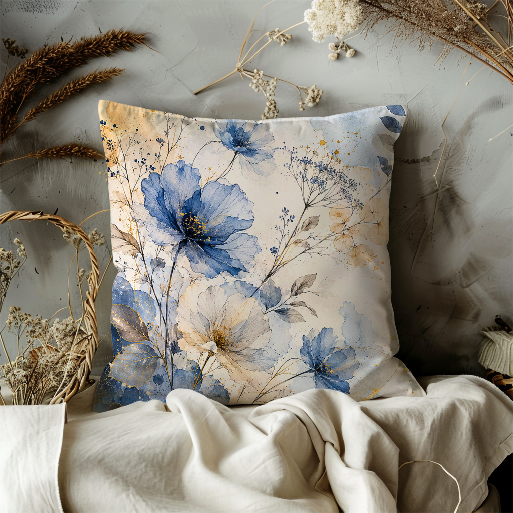 Blue Gold Floral Pillow Cover | Elegant Botanical Art | Gold Crackle Decor